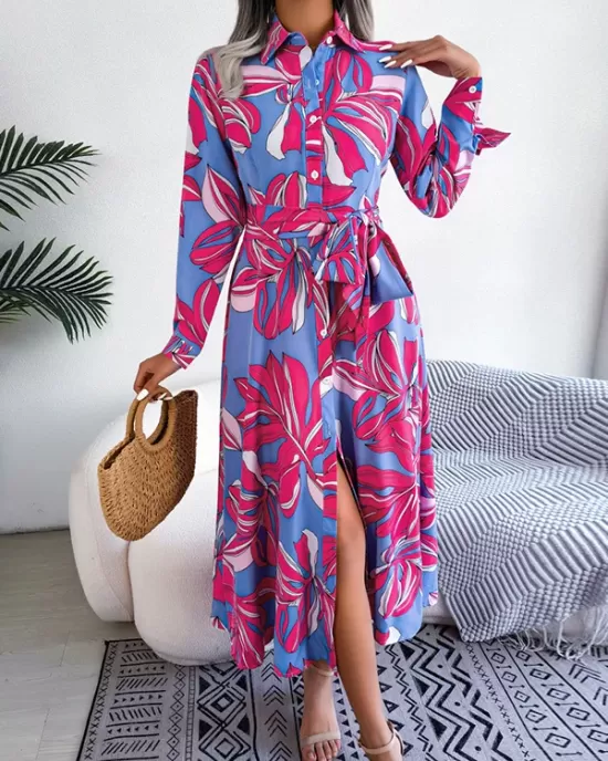 Printed Split-Joint Tied Waist Long Sleeves Loose Lapel Shirt Dress