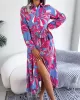 Printed Split-Joint Tied Waist Long Sleeves Loose Lapel Shirt Dress