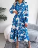 Printed Split-Joint Tied Waist Long Sleeves Loose Lapel Shirt Dress