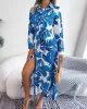 Printed Split-Joint Tied Waist Long Sleeves Loose Lapel Shirt Dress