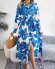 Printed Split-Joint Tied Waist Long Sleeves Loose Lapel Shirt Dress