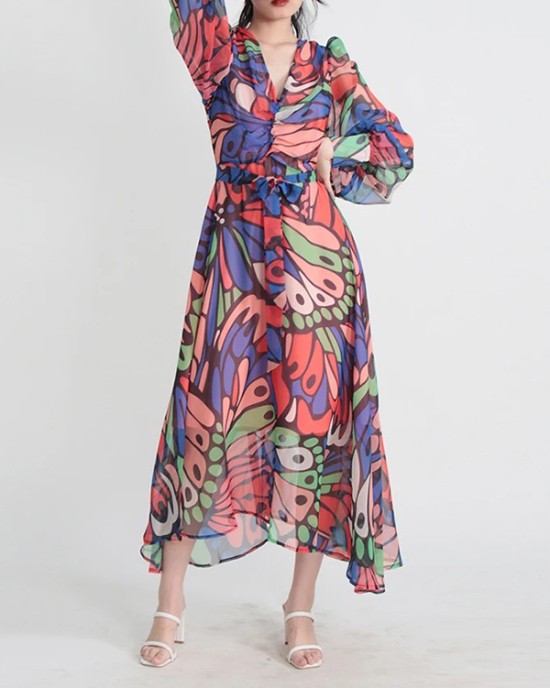 Buttoned Printed Split-Joint High Waisted Long Sleeves V-Neck Midi Dresses