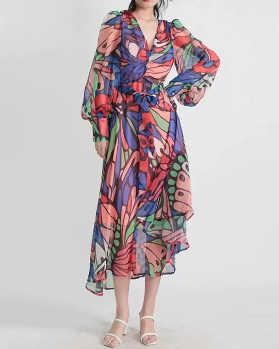 Buttoned Printed Split-Joint High Waisted Long Sleeves V-Neck Midi Dresses