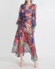 Buttoned Printed Split-Joint High Waisted Long Sleeves V-Neck Midi Dresses