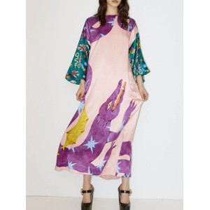 Printed Split-Side A-Line Long Sleeves Round-Neck Maxi Dresses