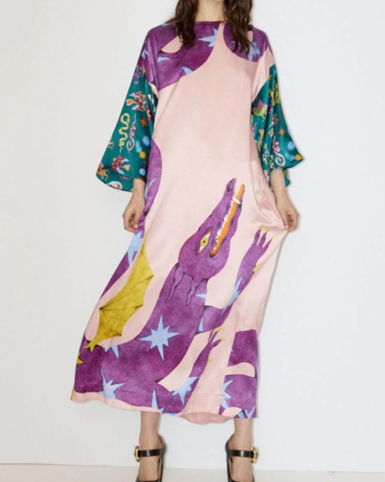 Printed Split-Side A-Line Long Sleeves Round-Neck Maxi Dresses