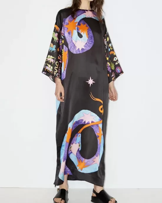 Printed Split-Side A-Line Long Sleeves Round-Neck Maxi Dresses