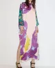 Printed Split-Side A-Line Long Sleeves Round-Neck Maxi Dresses