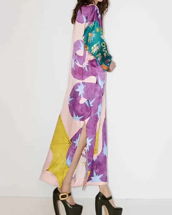 Printed Split-Side A-Line Long Sleeves Round-Neck Maxi Dresses