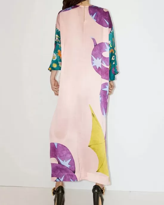 Printed Split-Side A-Line Long Sleeves Round-Neck Maxi Dresses