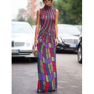 Skinny Sleeveless Contrast Color Plaid Printed High Neck Maxi Dresses