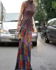 Skinny Sleeveless Contrast Color Plaid Printed High Neck Maxi Dresses