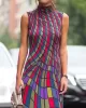 Skinny Sleeveless Contrast Color Plaid Printed High Neck Maxi Dresses