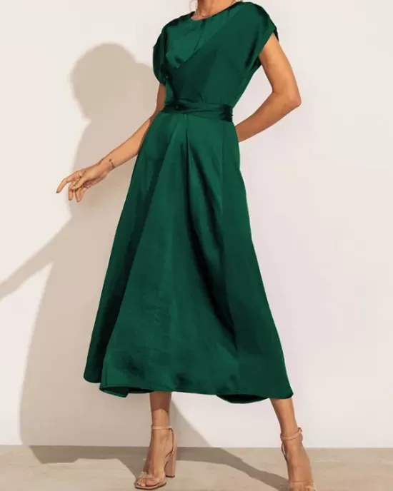 Solid Color Split-Joint Tied Waist Loose Short Sleeves Round-neck Midi Dresses