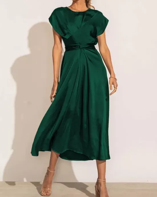 Solid Color Split-Joint Tied Waist Loose Short Sleeves Round-neck Midi Dresses