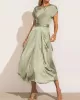 Solid Color Split-Joint Tied Waist Loose Short Sleeves Round-neck Midi Dresses