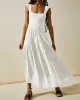 Backless Elasticity Lace-Up Pleated Solid Color Split-Joint Loose Sleeveless Square-Neck Maxi Dresses