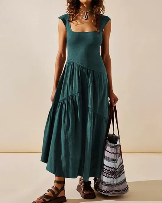 Backless Elasticity Lace-Up Pleated Solid Color Split-Joint Loose Sleeveless Square-Neck Maxi Dresses