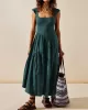 Backless Elasticity Lace-Up Pleated Solid Color Split-Joint Loose Sleeveless Square-Neck Maxi Dresses