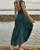 Backless Elasticity Lace-Up Pleated Solid Color Split-Joint Loose Sleeveless Square-Neck Maxi Dresses