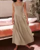 Backless Elasticity Lace-Up Pleated Solid Color Split-Joint Loose Sleeveless Square-Neck Maxi Dresses