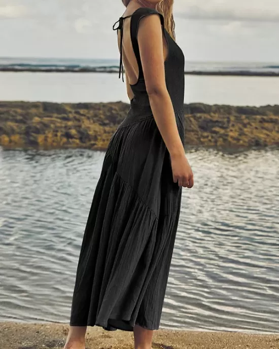 Backless Elasticity Lace-Up Pleated Solid Color Split-Joint Loose Sleeveless Square-Neck Maxi Dresses