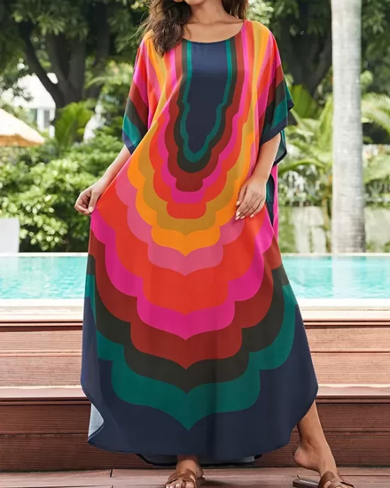 Contrast Color Printed Sun Protection Batwing Sleeves Loose Round-Neck Maxi Dresses