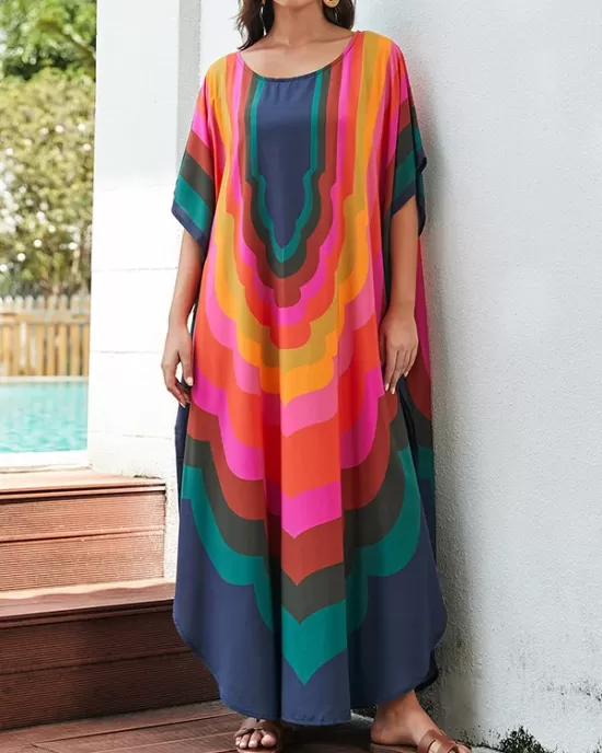 Contrast Color Printed Sun Protection Batwing Sleeves Loose Round-Neck Maxi Dresses