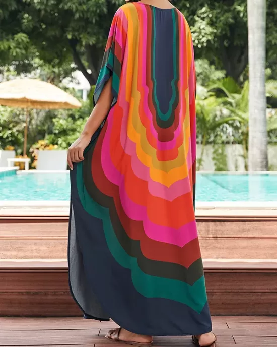 Contrast Color Printed Sun Protection Batwing Sleeves Loose Round-Neck Maxi Dresses