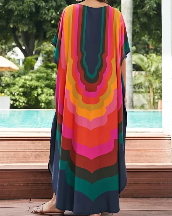 Contrast Color Printed Sun Protection Batwing Sleeves Loose Round-Neck Maxi Dresses