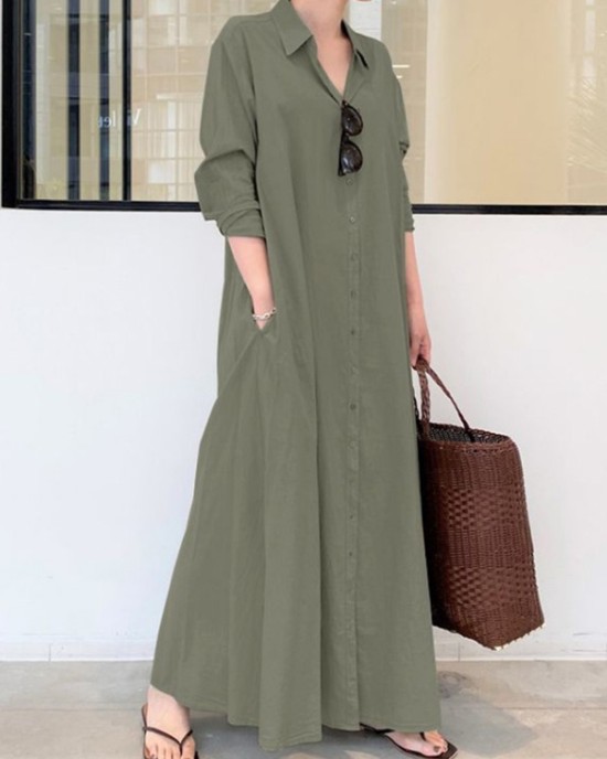 Original Solid Color Lapel Shirt Dress