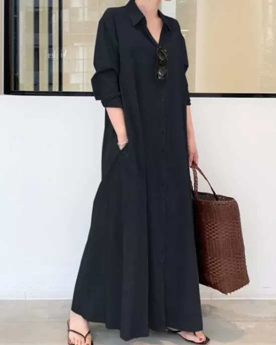 Original Solid Color Lapel Shirt Dress