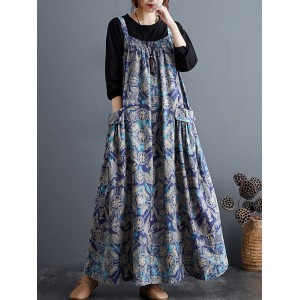 Artistic Retro Ramie Cotton Loose 3 Colors Floral Printed Square-Neck Sleeveless Strap Dress