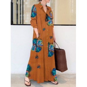 Vintage Floral Printed Lapel Oversize Maxi Dress