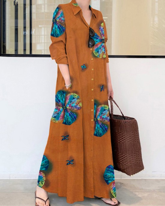 Vintage Floral Printed Lapel Oversize Maxi Dress