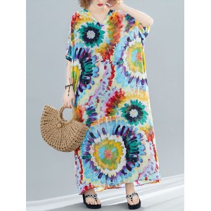 Vintage Loose Tie-Dyed Batwing Sleeves V-Neck Maxi Dress