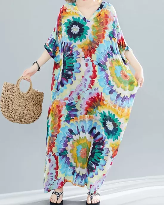 Vintage Loose Tie-Dyed Batwing Sleeves V-Neck Maxi Dress