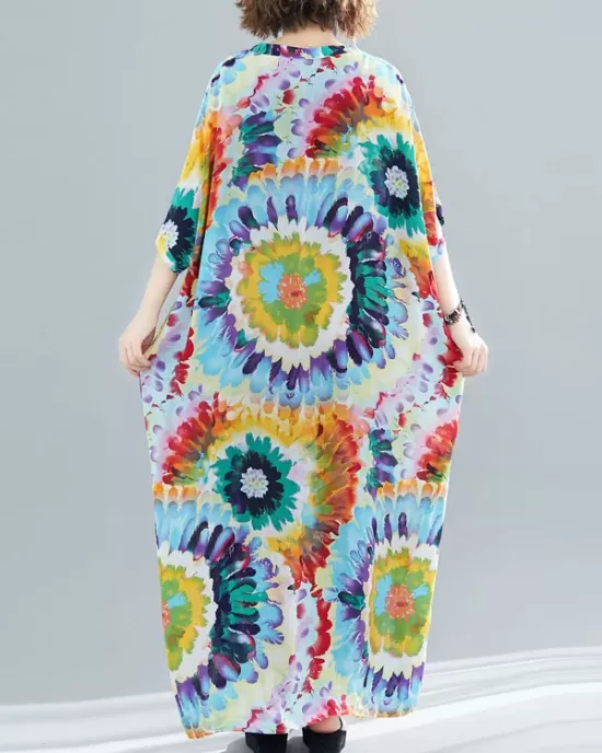 Vintage Loose Tie-Dyed Batwing Sleeves V-Neck Maxi Dress