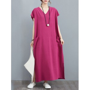 Simple Ramie Cotton Solid Color Split-Side With Pocket V-Neck Short Sleeves Maxi Dress