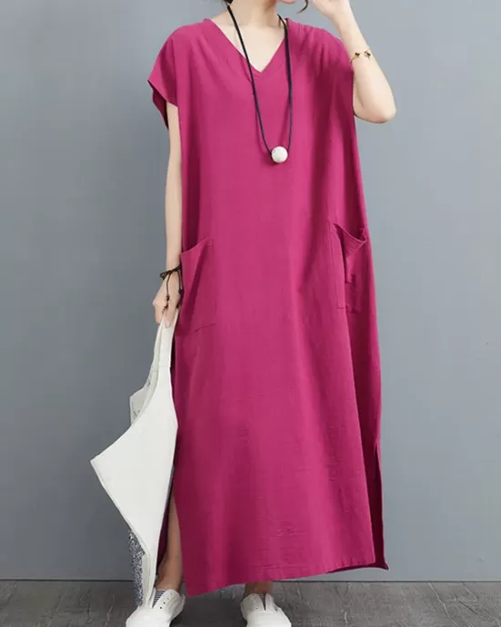 Simple Ramie Cotton Solid Color Split-Side With Pocket V-Neck Short Sleeves Maxi Dress