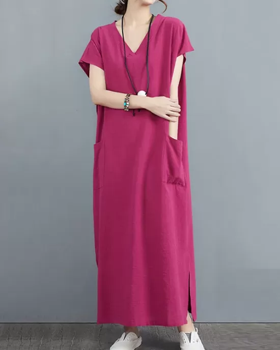 Simple Ramie Cotton Solid Color Split-Side With Pocket V-Neck Short Sleeves Maxi Dress