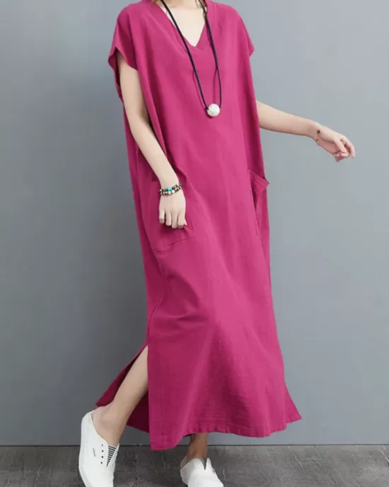 Simple Ramie Cotton Solid Color Split-Side With Pocket V-Neck Short Sleeves Maxi Dress