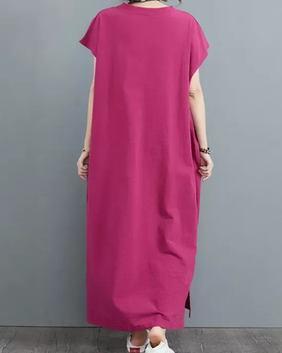 Simple Ramie Cotton Solid Color Split-Side With Pocket V-Neck Short Sleeves Maxi Dress