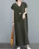 Simple Ramie Cotton Solid Color Split-Side With Pocket V-Neck Short Sleeves Maxi Dress