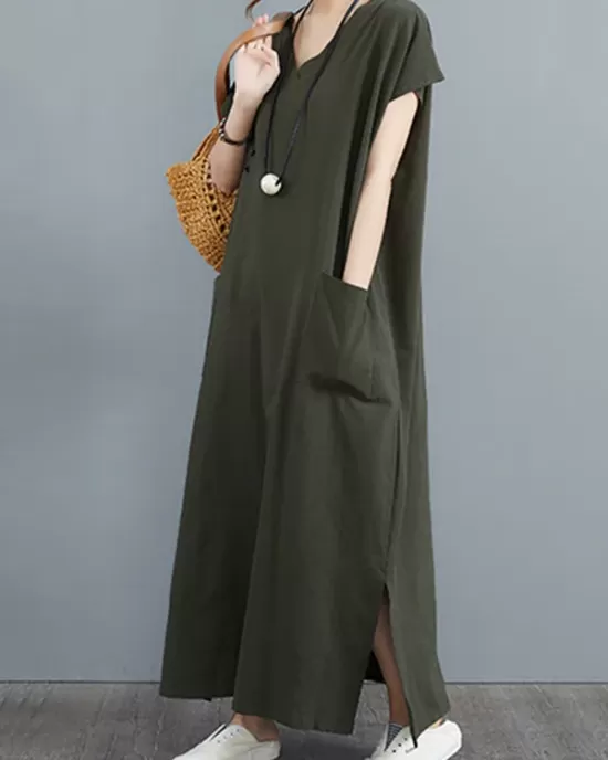 Simple Ramie Cotton Solid Color Split-Side With Pocket V-Neck Short Sleeves Maxi Dress