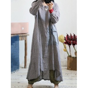 Loose Vintage Linen Plaid Round-neck Long Dress