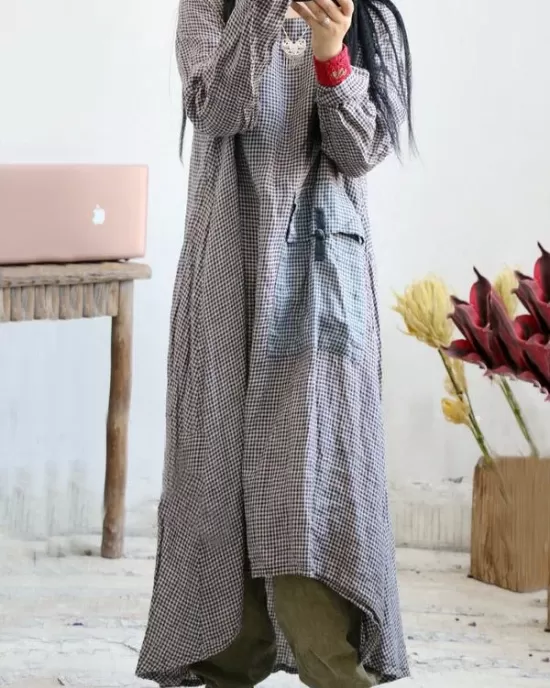 Loose Vintage Linen Plaid Round-neck Long Dress