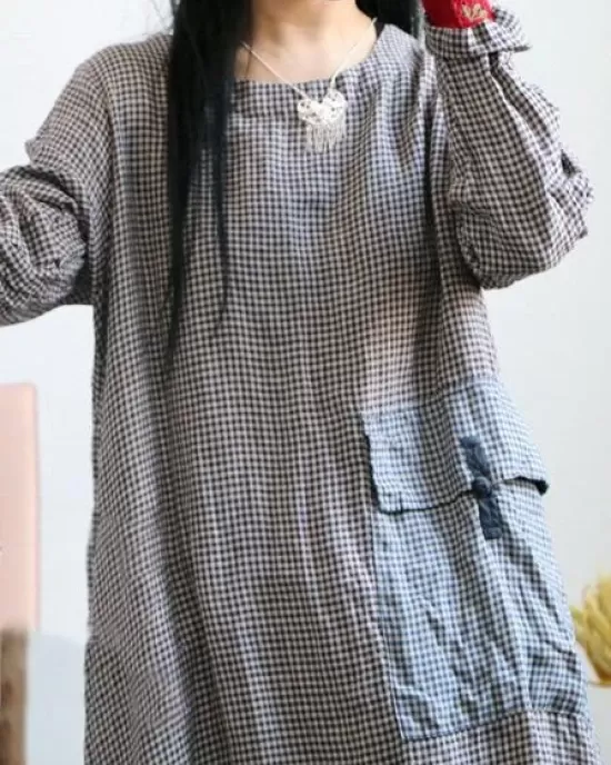 Loose Vintage Linen Plaid Round-neck Long Dress