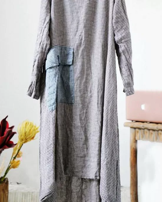 Loose Vintage Linen Plaid Round-neck Long Dress