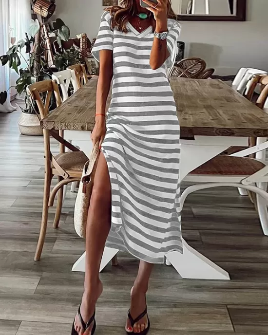 Printed Split-Side Striped A-Line Loose V-Neck Midi Dresses